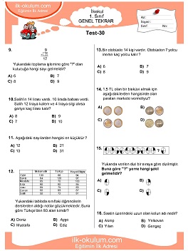 ilkokul 1. Sınıf Genel Tekrar Testleri 